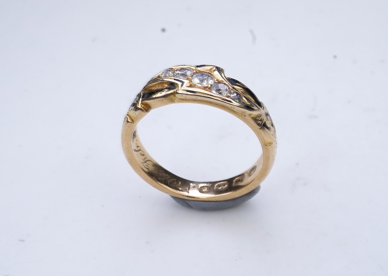 A Victorian enamel and diamond mourning ring, circa 1872